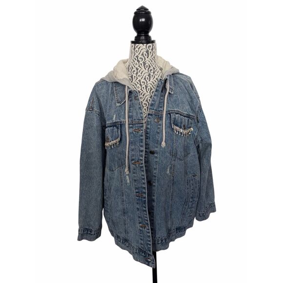 Blue B Rhinestone Fringe Denim Jacket with Hoodie Blue Size M/L - Picture 3 of 12
